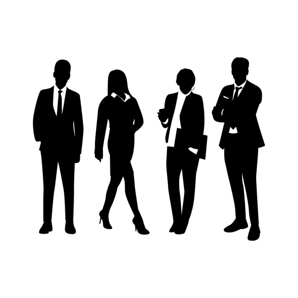 ensemble de silhouettes vectorielles d'hommes et de femmes, groupe de gens d'affaires debout, couleur noire isolée sur fond blanc vecteur