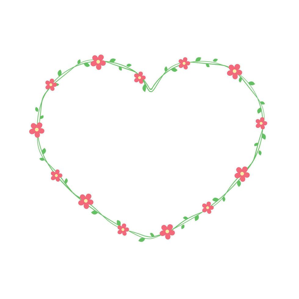 cœur en forme de floral Cadre frontière, vert vigne avec rouge fleurs mignonne botanique vecteur illustration. valentines jour, printemps été conception élément.