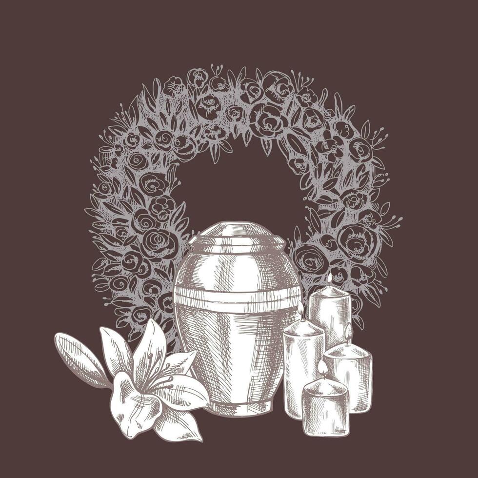 main tiré fleurs de lys, couronne, bougies et un urne avec cendres. vecteur main tiré isolé illustration sur marron Contexte.