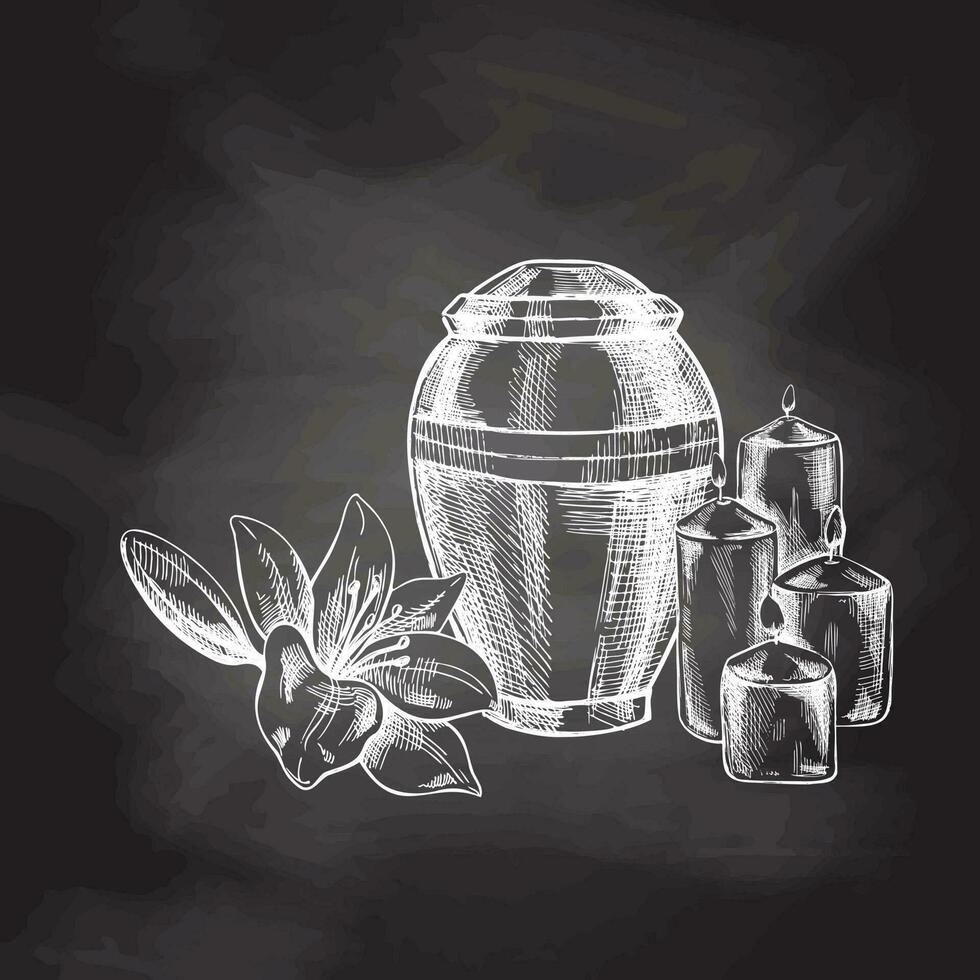 main tiré fleurs de lys, bougies et un urne avec cendres. vecteur main tiré isolé illustration sur tableau noir Contexte.