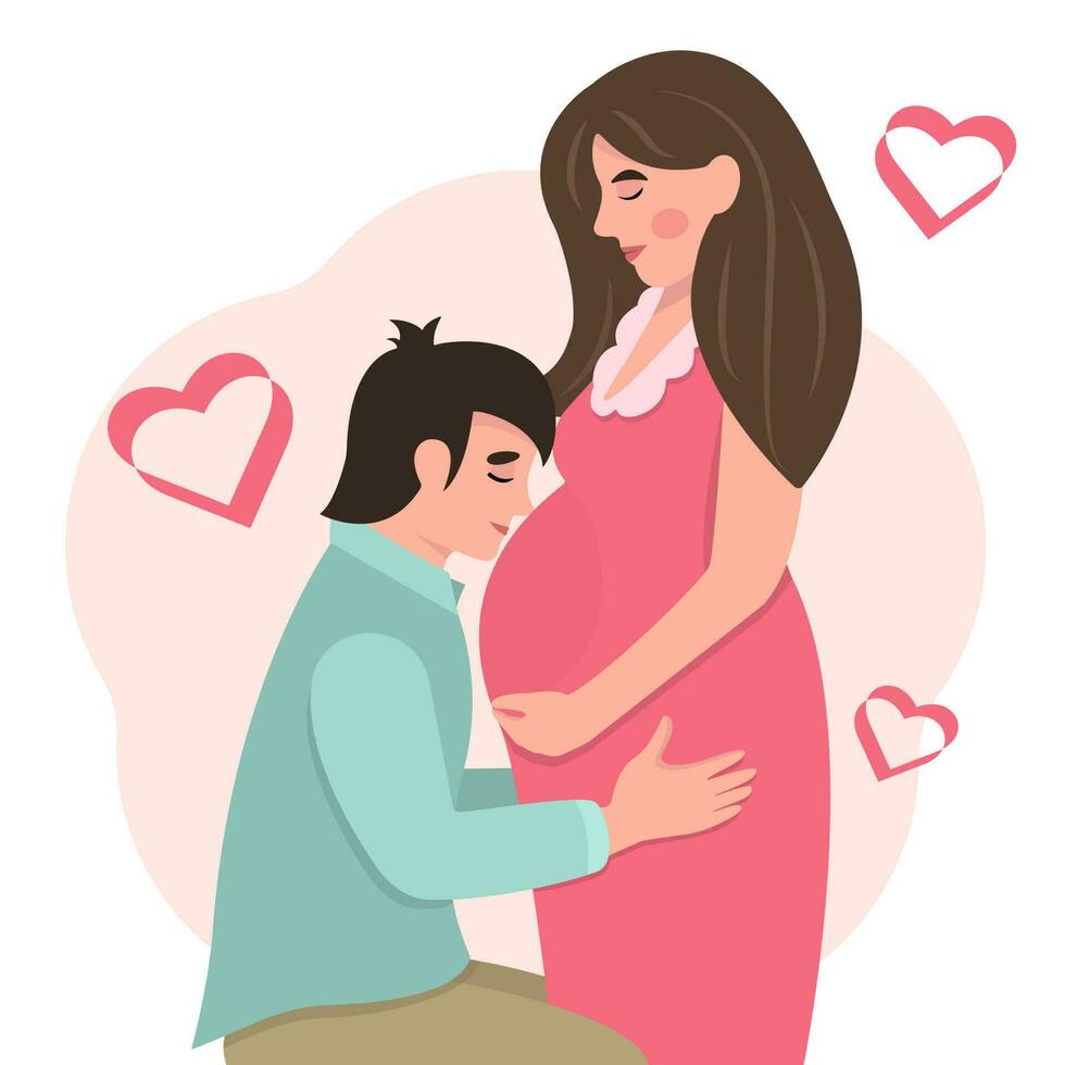 content famille concept. Jeune Enceinte femme avec mari.enfant attente, Nouveau vie, content famille. vecteur plat illustration.