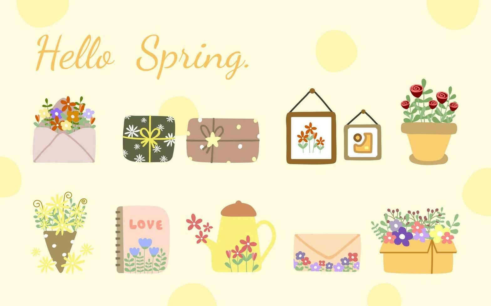 printemps collection avec différent fleur coloré éléments. bouquet, mignonne floral enveloppe, cadeau, image cadre, pot, boîte, livre et feuille. illustration vecteur dix eps.