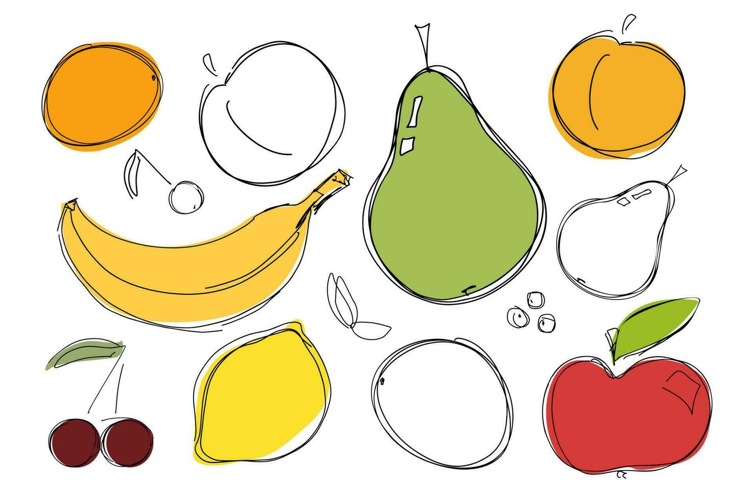 des fruits ensemble. abstrait collection de des fruits et agrumes. coloré griffonnages sur une blanc Contexte. vecteur illustration pour affiche, coloration livre.