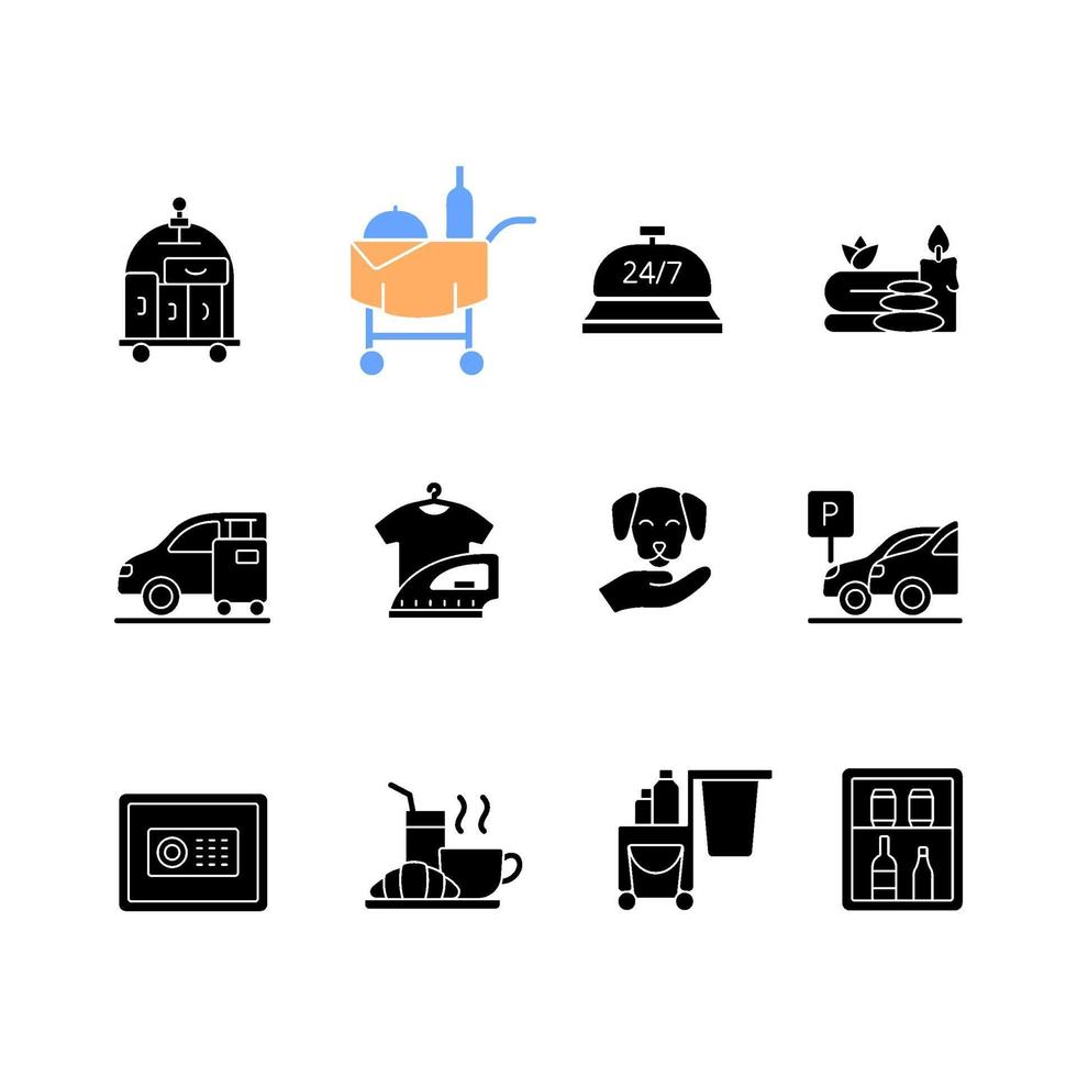 icônes de glyphe noir de services hôteliers sur un espace blanc vecteur
