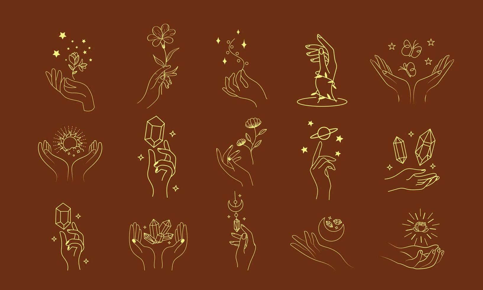 un ensemble de collections d'icônes de main de femme dans un style linéaire minimal. modèles de conception de logo vectoriel avec différents gestes de la main, cristal. pour les cosmétiques, la beauté, le tatouage, le spa, le féminin, la bijouterie.