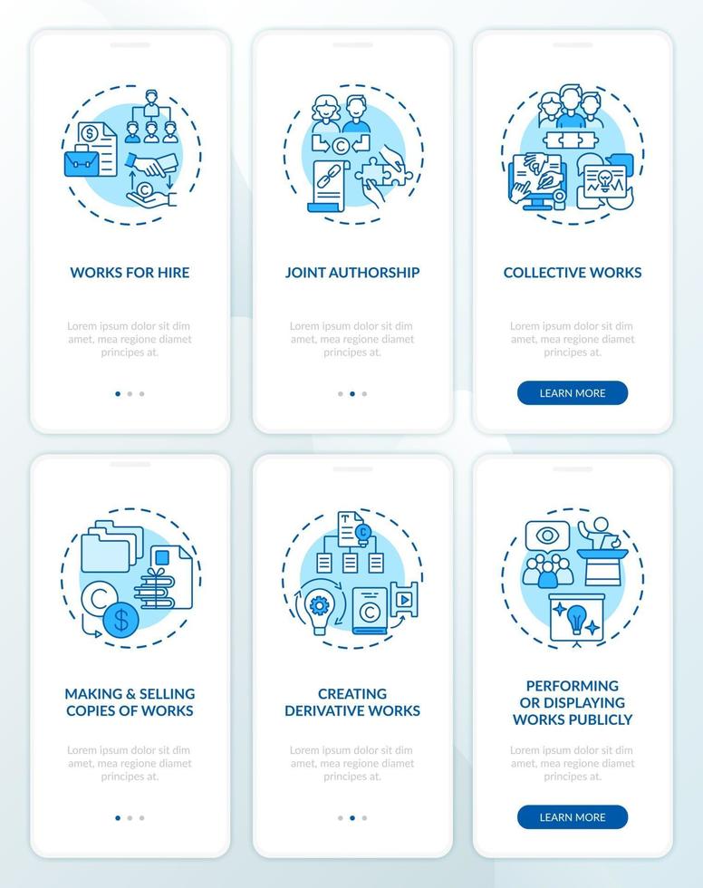 Écran de page de l'application mobile d'intégration de la loi sur le droit d'auteur avec ensemble de concepts vecteur