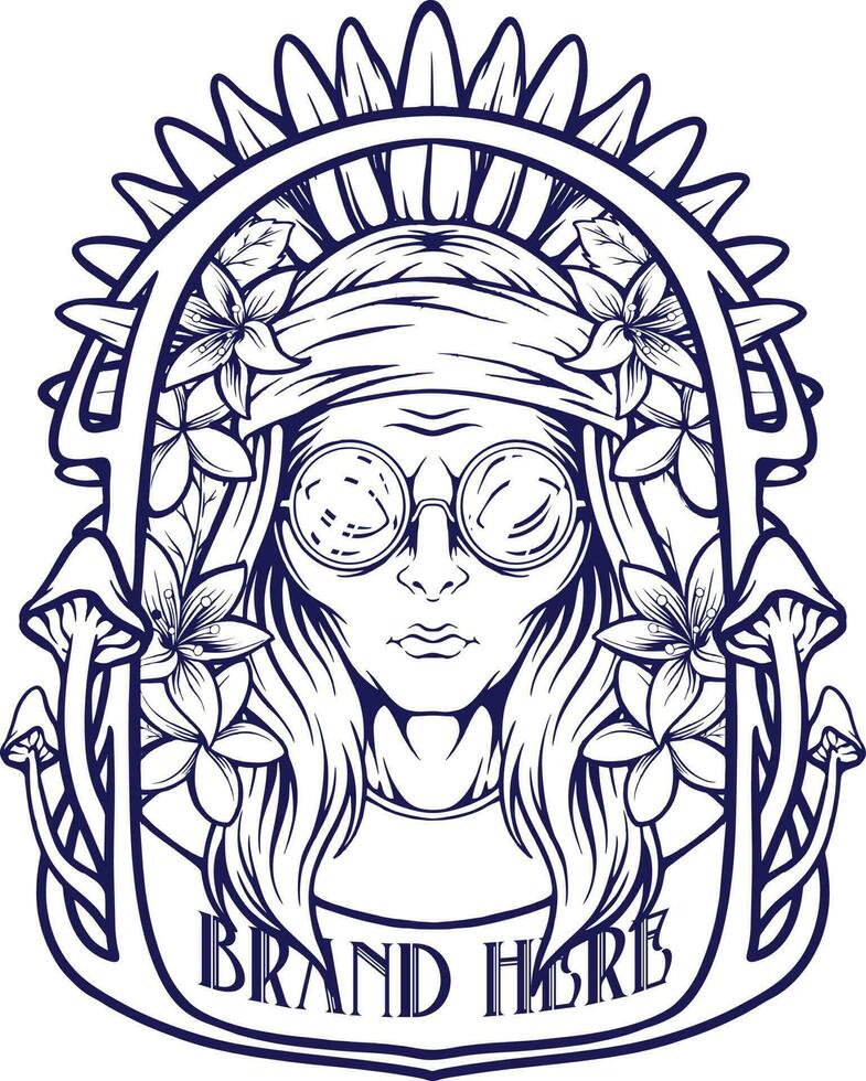 hippie fille floral champignons badge étiquette contour vecteur des illustrations pour votre travail logo, marchandise T-shirt, autocollants et étiquette conceptions, affiche, salutation cartes La publicité affaires entreprise ou marques