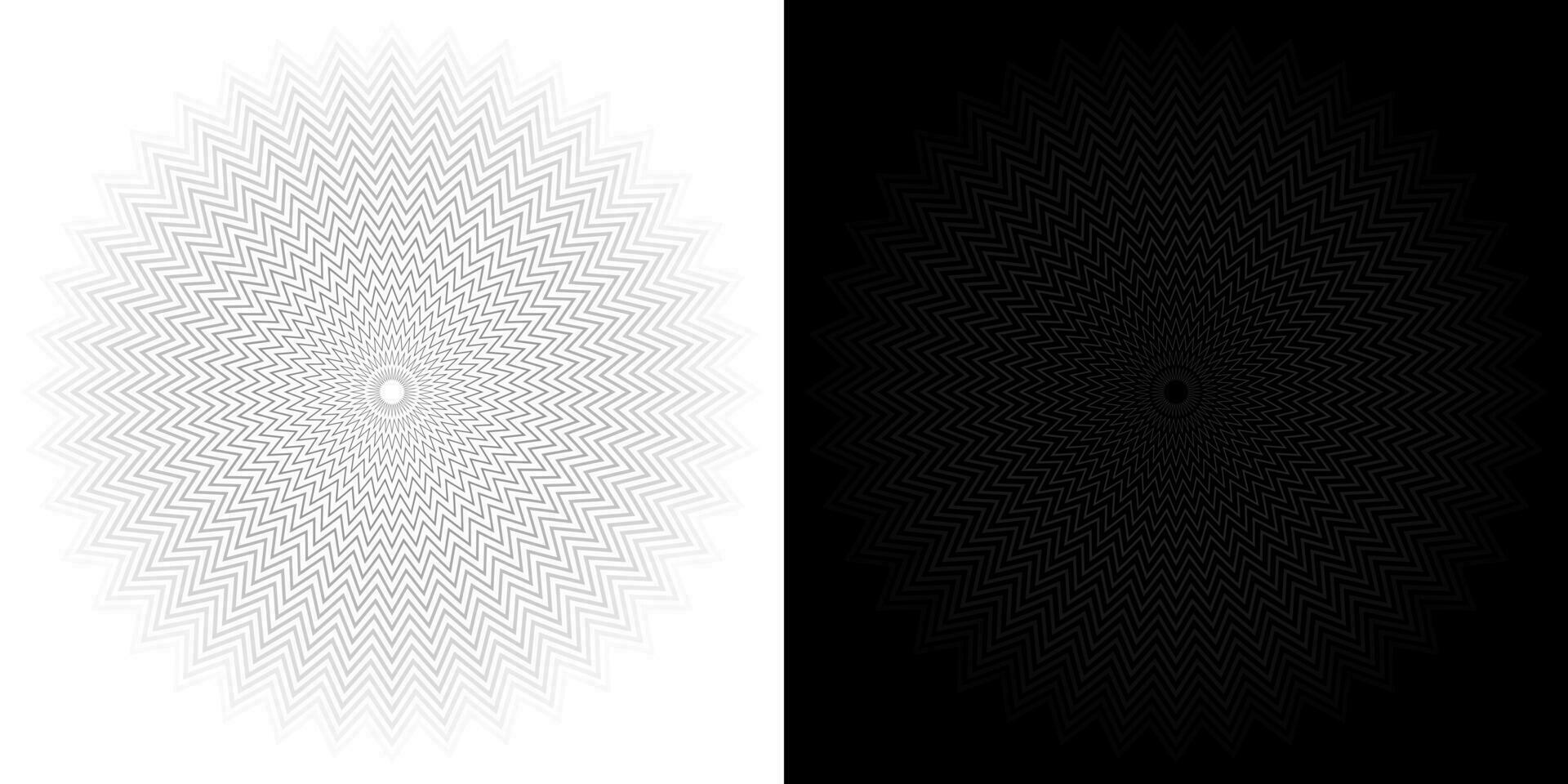 abstrait Contexte modèle. à quarante pointes en forme d'étoile rayures dans blanc, gris, noir en alternance foncé et lumière couleurs. le pente ligne illusion étend de le centre. vecteur illustration.