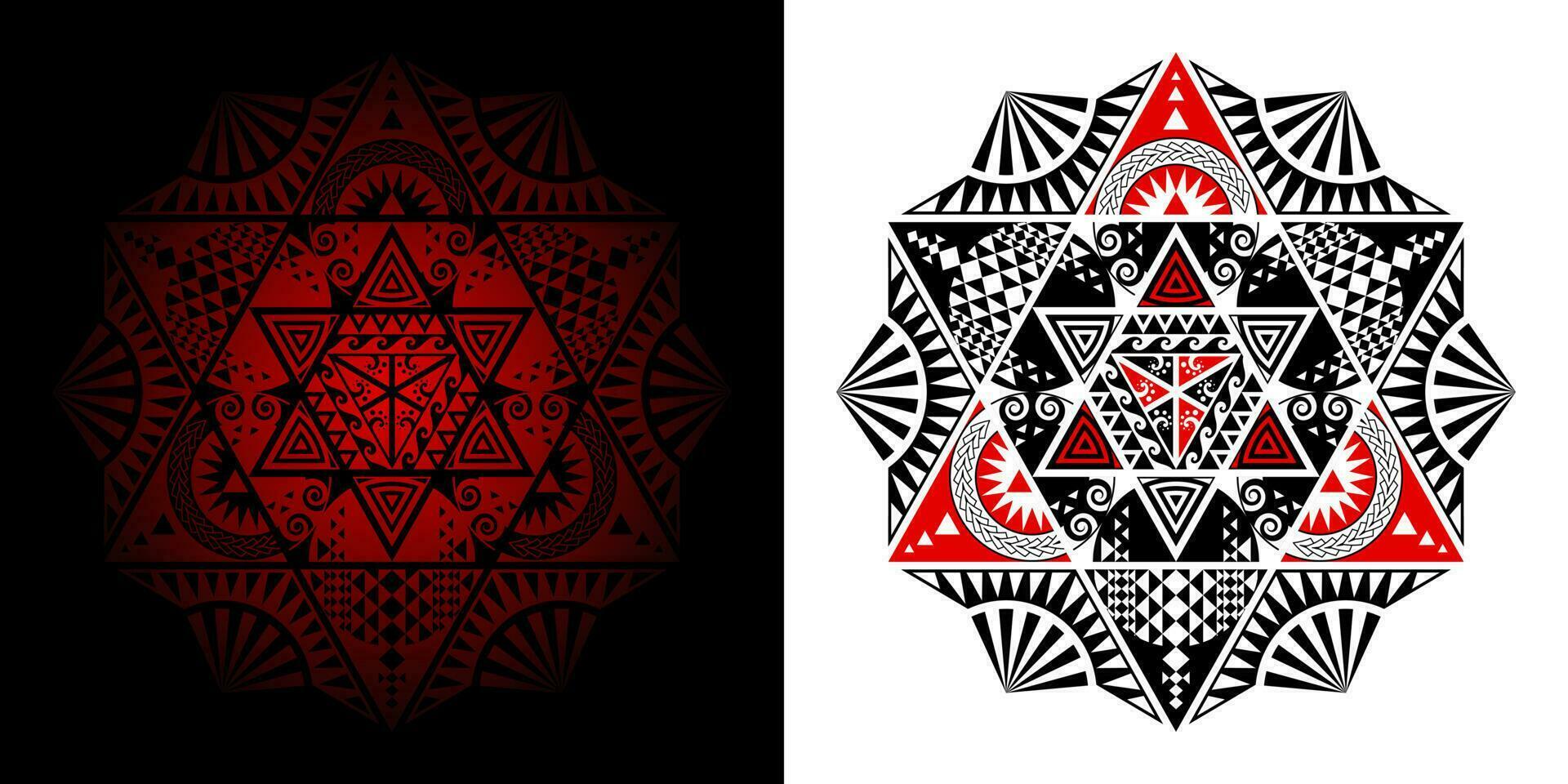 géométrique thaïlandais modèle mixte art, polynésien art, mandala art. dans le forme de hexagones, Triangles et à six branches étoiles. la gauche image est fusionner, droite image est isolé. vecteur illustration.
