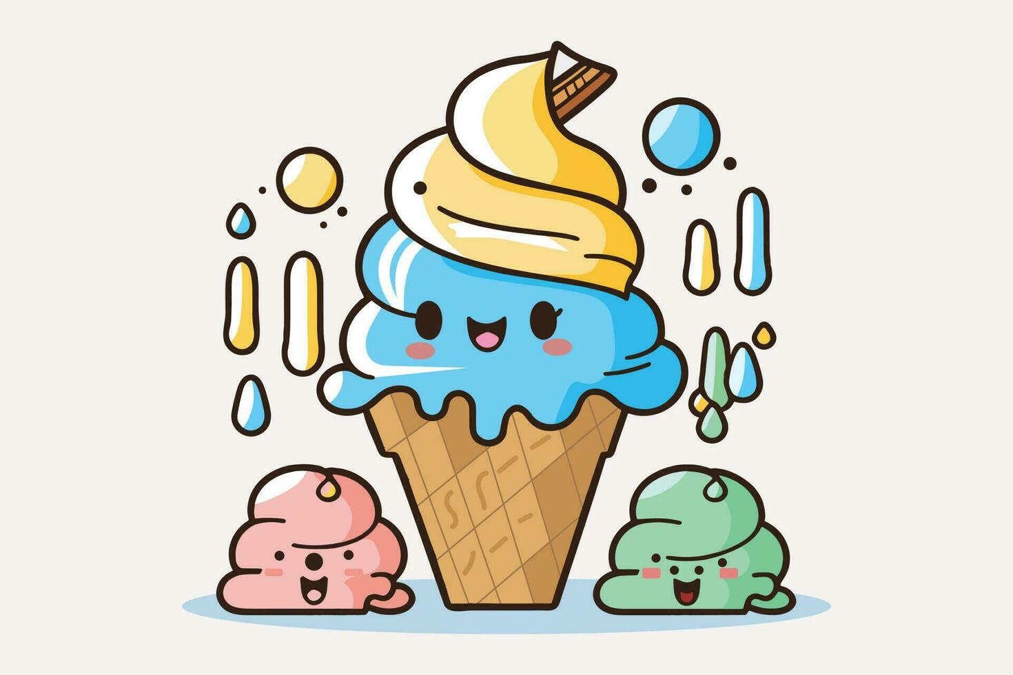 mignonne la glace crème dessin animé ligne art vecteur icône illustration, nourriture boisson plat dessin animé concept pro vecteur, la glace crème dessin animé, la glace crème cône, dessin animé la glace crème