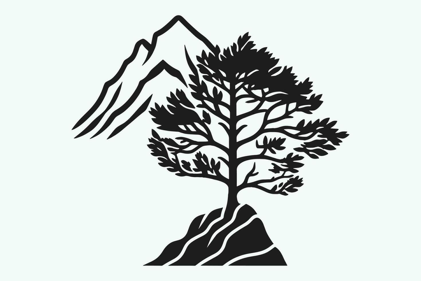 Montagne esquisser, contour style noir et blanc montagnes et arbre vecteur, Montagne arbre icône illustration, Montagne logo vecteur