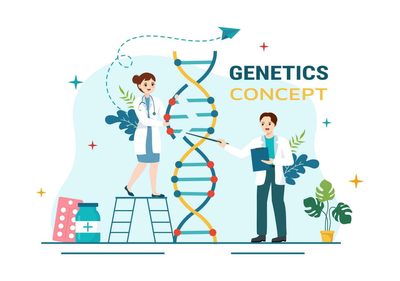 génétique science concept vecteur illustration avec ADN molécule structure et science La technologie dans soins de santé plat dessin animé main tiré modèles