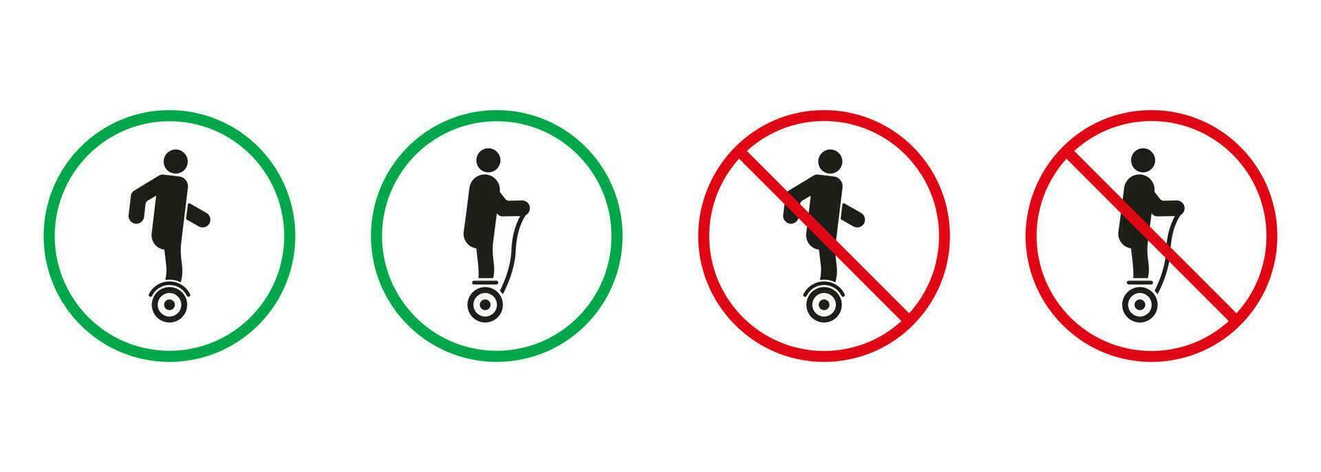 électrique monocycle hoverboard gyroscooter rouge et vert panneaux. gyro scooter, monoroue silhouette Icônes ensemble. permis et interdit danger transport pictogramme. isolé vecteur illustration.
