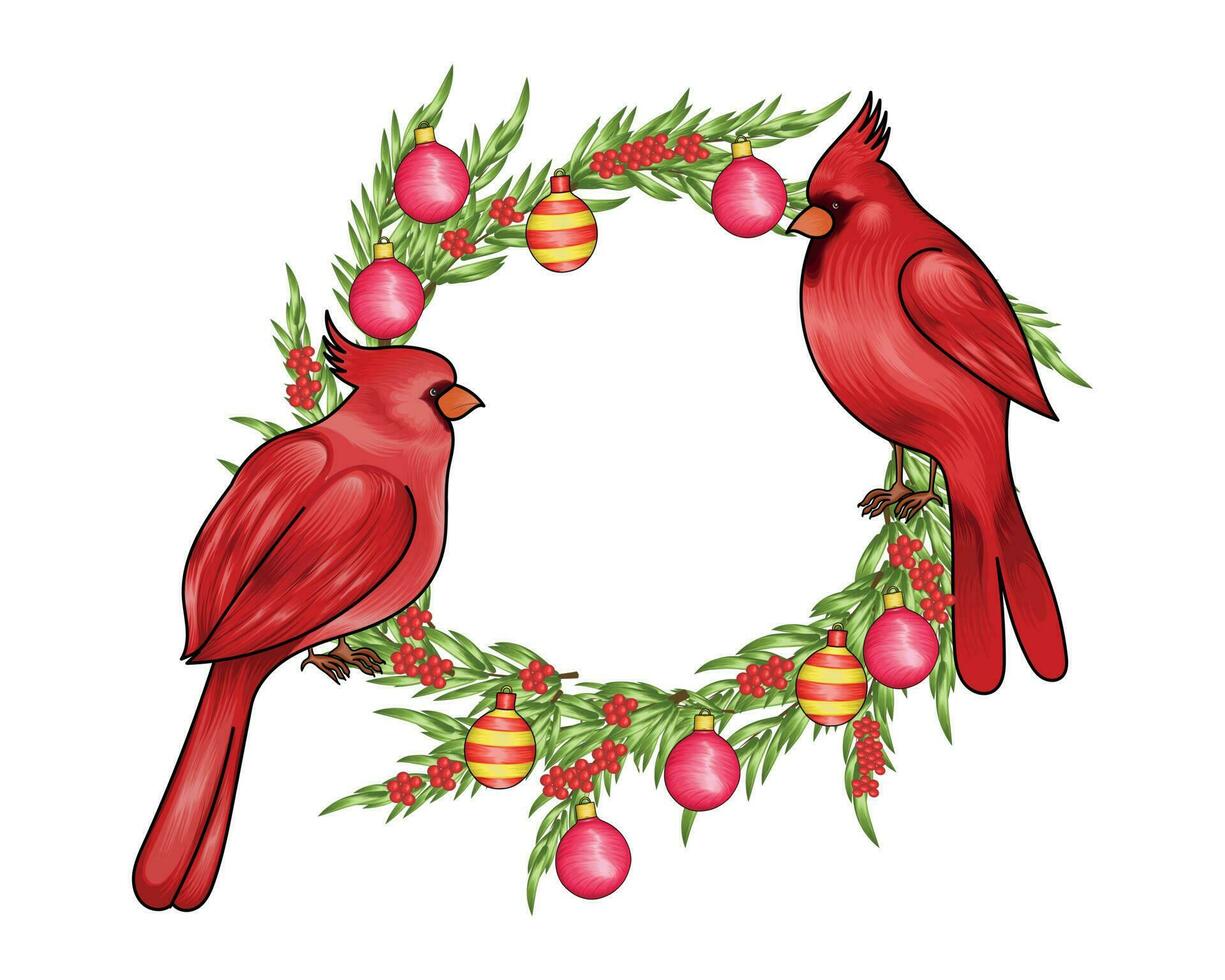 Noël couronne illustration avec mignonne couple oiseau vecteur