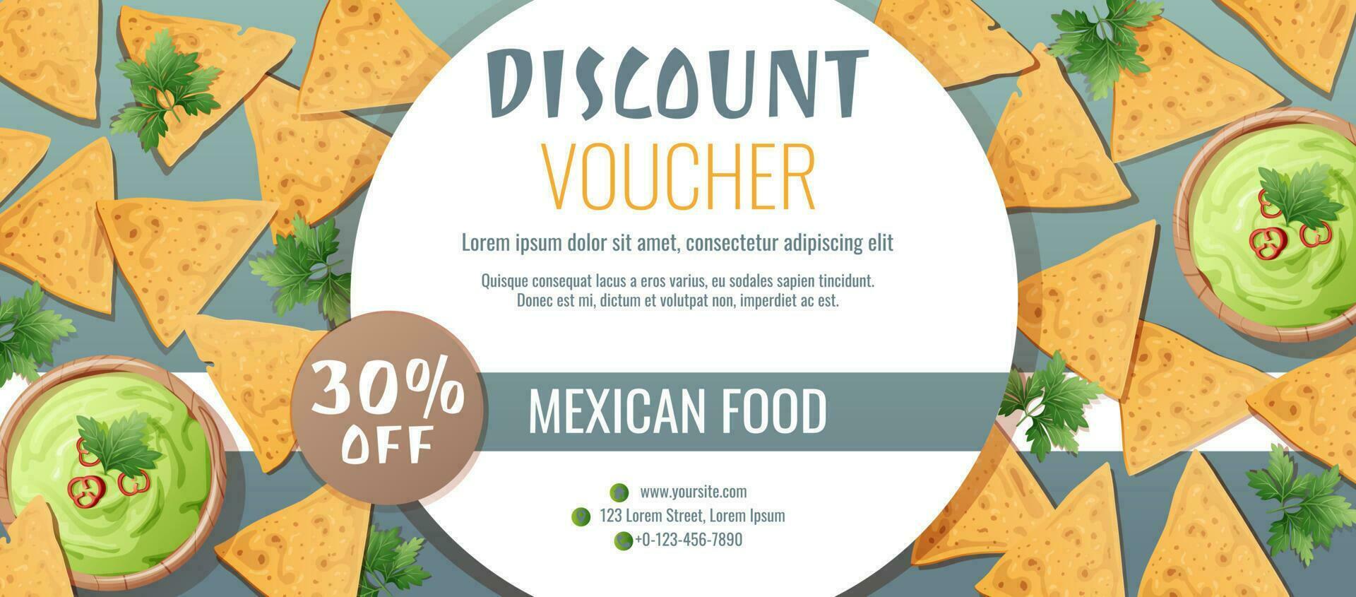 remise bon, mexicain nourriture modèle conception. coupon avec Nachos et guacamole sauce. bannière, affiche, prospectus, La publicité pour une restaurant vecteur