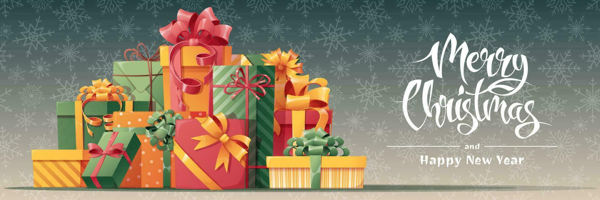 Noël bannière avec bouquet de cadeau des boites avec arcs. de fête Noël Contexte avec hiver décor. vecteur illustration pour bannière, prospectus, carte postale.