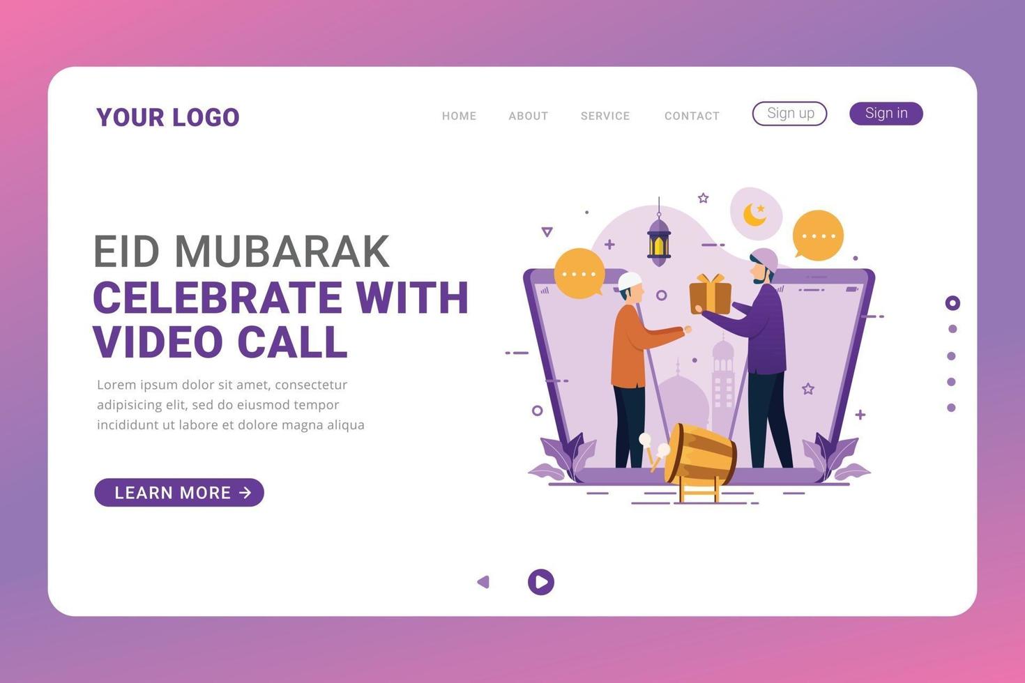 modèle de page de destination eid mubarak célébrer avec illustration vectorielle appel vidéo vecteur