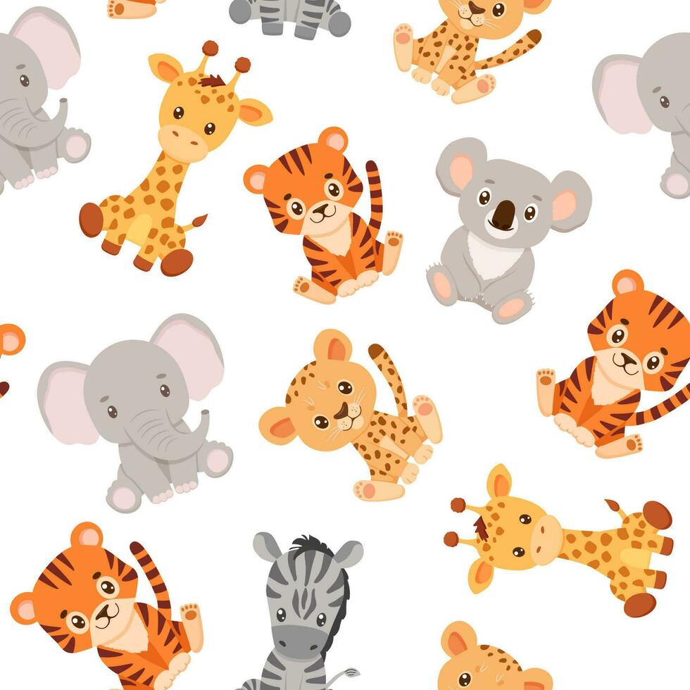 sans couture dessin animé puéril modèle. mignonne tigre, éléphant, girafe, koala et guépard. dessin africain animaux isolé sur blanche. vecteur