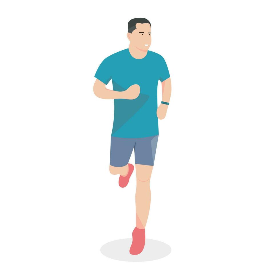 une homme jogging. une homme portant une T-shirt, baskets, et une montre intelligente. vecteur