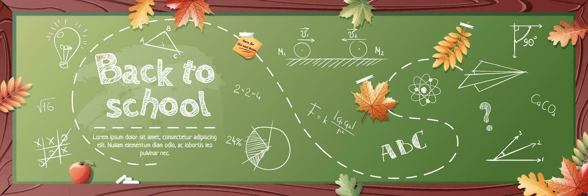 bannière modèle avec école conseil, l'automne feuilles et craie caractères. retour à école, connaissance journée. bannière, affiche, brochure, arrière-plan, etc. vecteur