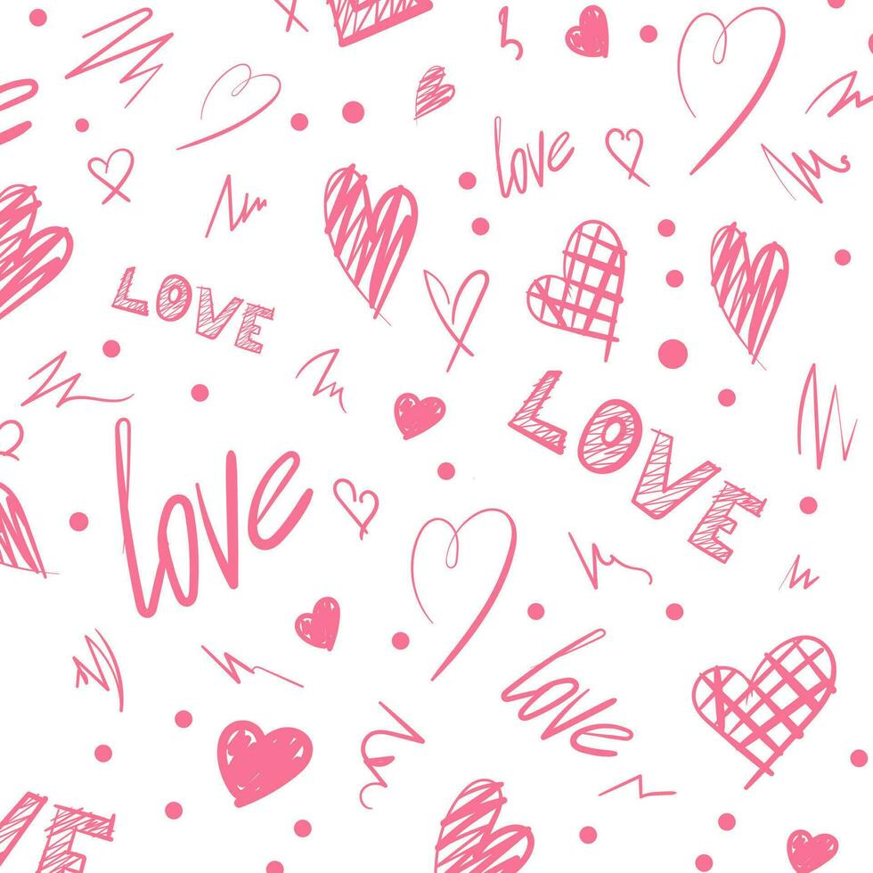 Valentin s journée sans couture modèle. rose caractères, dessiné à la main cœurs. branché texture pour textile, emballage papier et plus. vecteur