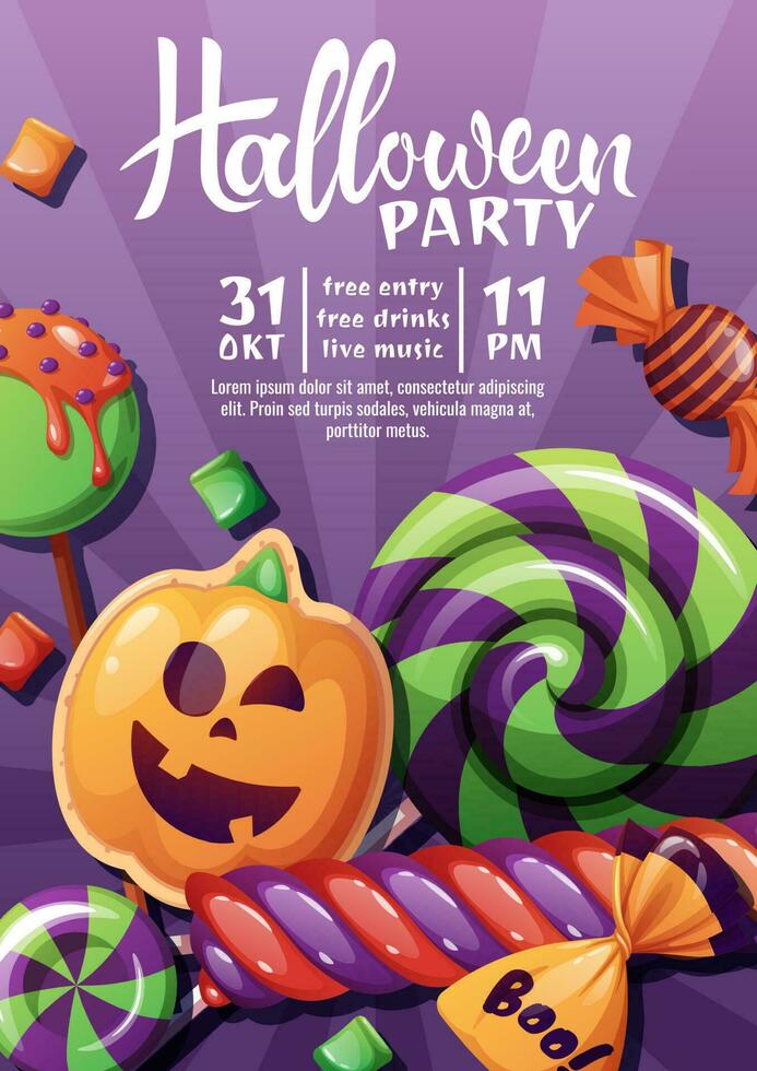 Halloween bonbons vecteur carte ou fête invitation avec manuscrit coligraphie. fête invitation, tour ou traiter. dessin animé illustration