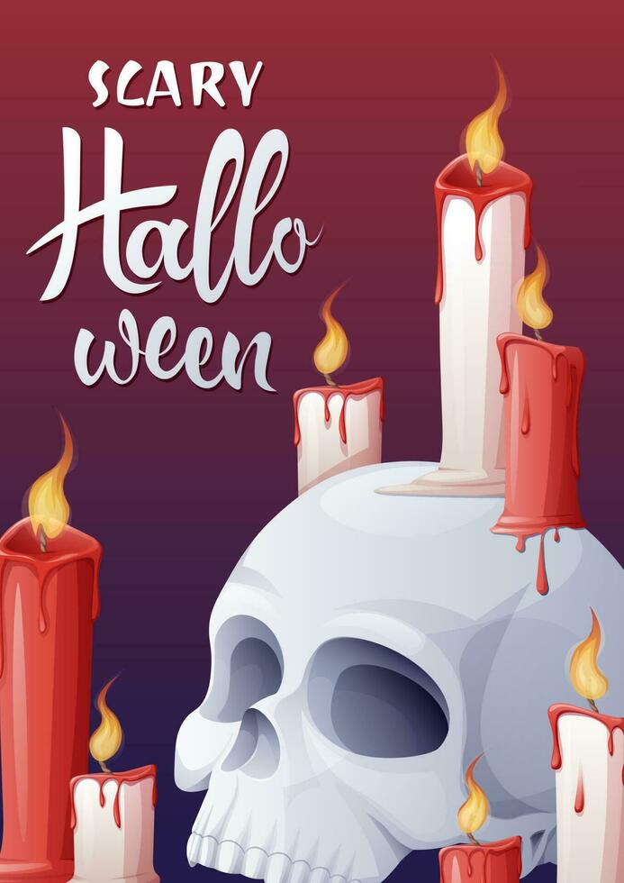 vecteur affiche avec une crâne et bougies. carte postale pour le vacances. content Halloween, vacances symbole. affiche, carte postale, invitation, bannière a4 Taille