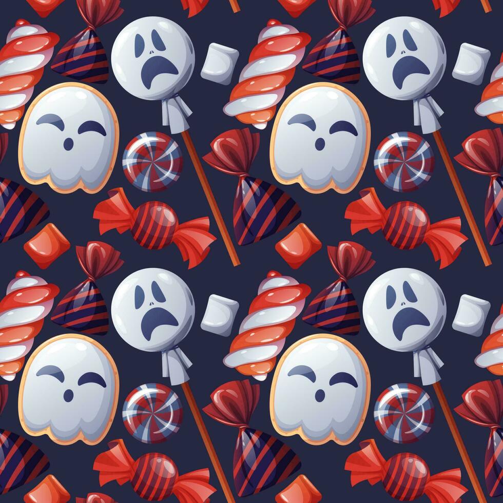 sans couture modèle avec Halloween bonbons. fantôme biscuits, bonbons, sucette, guimauve. tour ou traiter. de fête texture génial pour emballage papier, fond d'écran, tissu, etc. vecteur