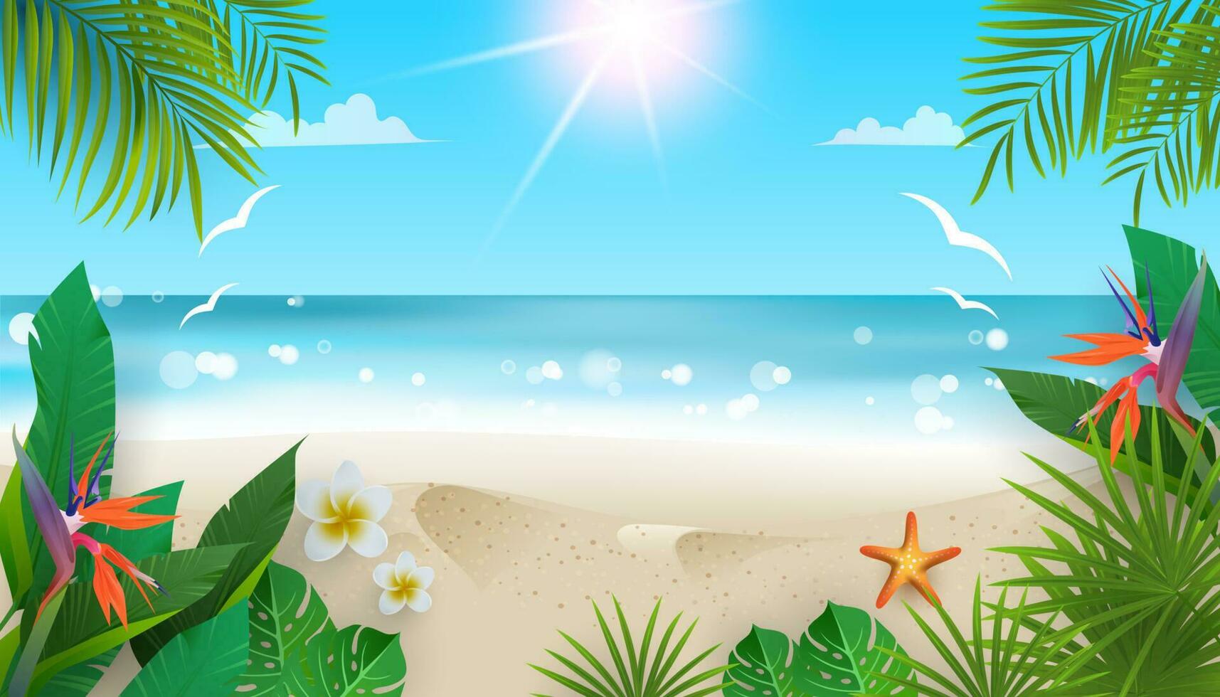 magnifique plage scène dans été avec tropical les plantes vecteur