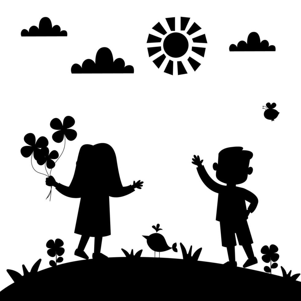 dessin silhouette de dessin animé les enfants. été Contexte. les enfants dans la nature vecteur