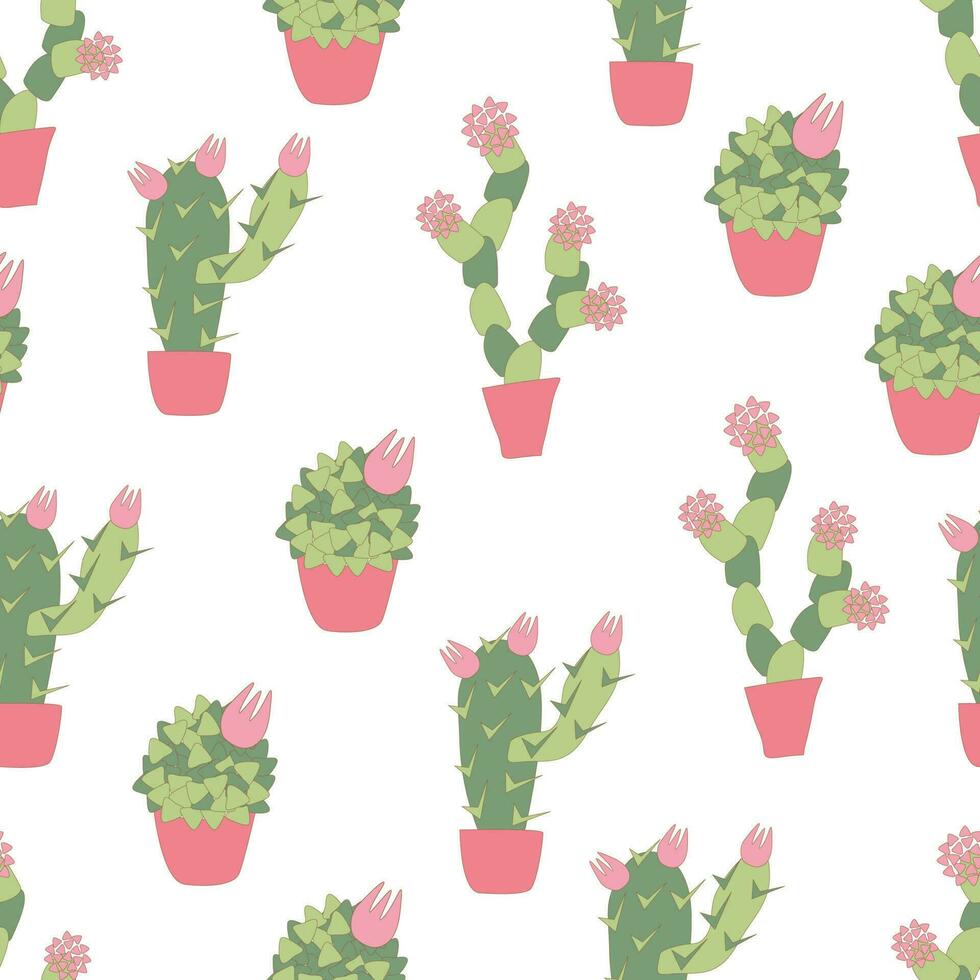 vecteur illustration sans couture modèle de stylisé intérieur épanouissement cactus. floraison plantes succulentes dans des pots sur blanc Contexte