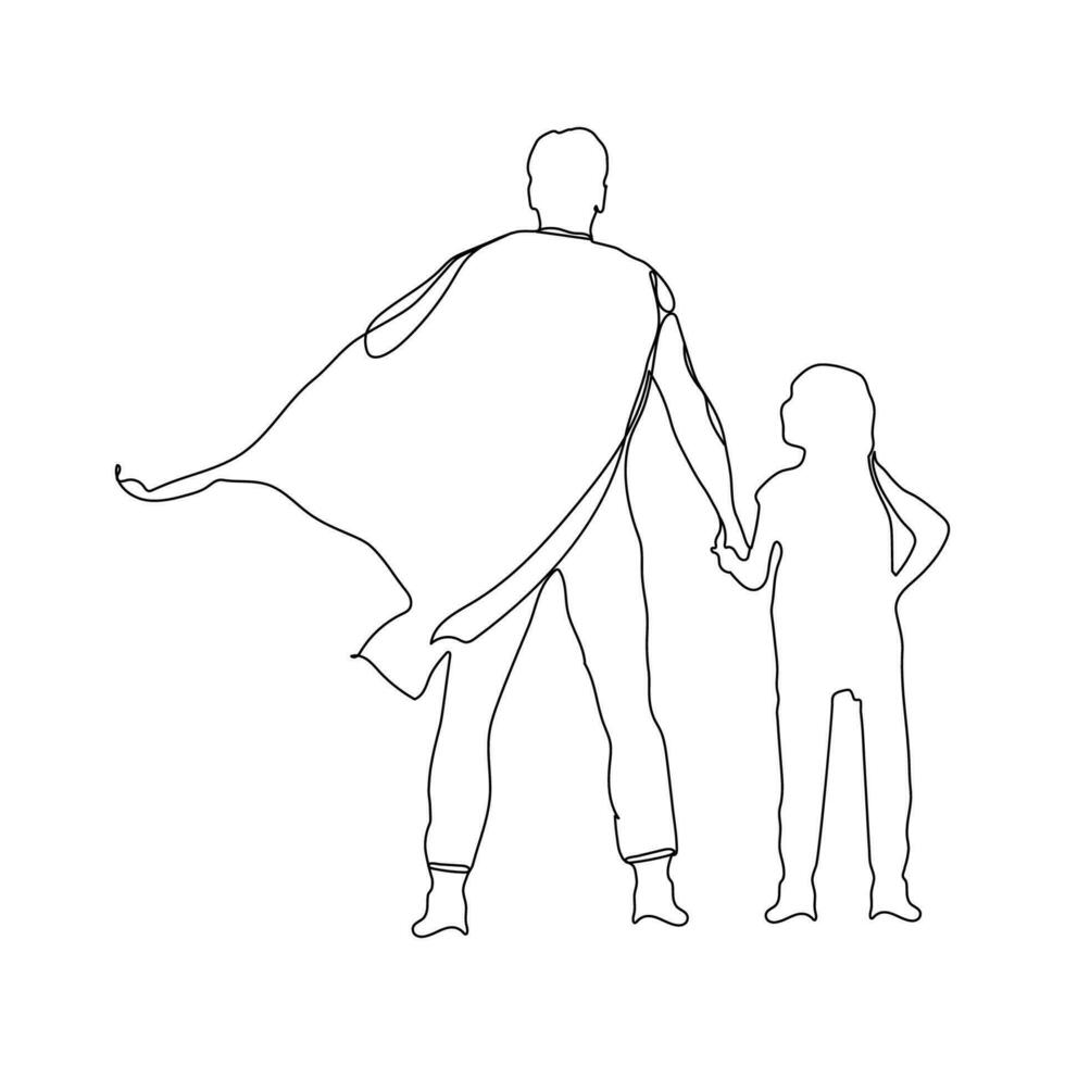 père et fille de super-héros costumes continu ligne art dessin. papa et le sien fille ligne art. héros père ligne art. paternité concept ligne art. du père journée vecteur