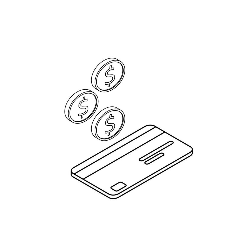 en espèces avoir une banque carte droite vue - noir contour icône vecteur isométrique. cashback un service et en ligne argent remboursement. concept de transfert argent, commerce électronique. plat style vecteur illustration.