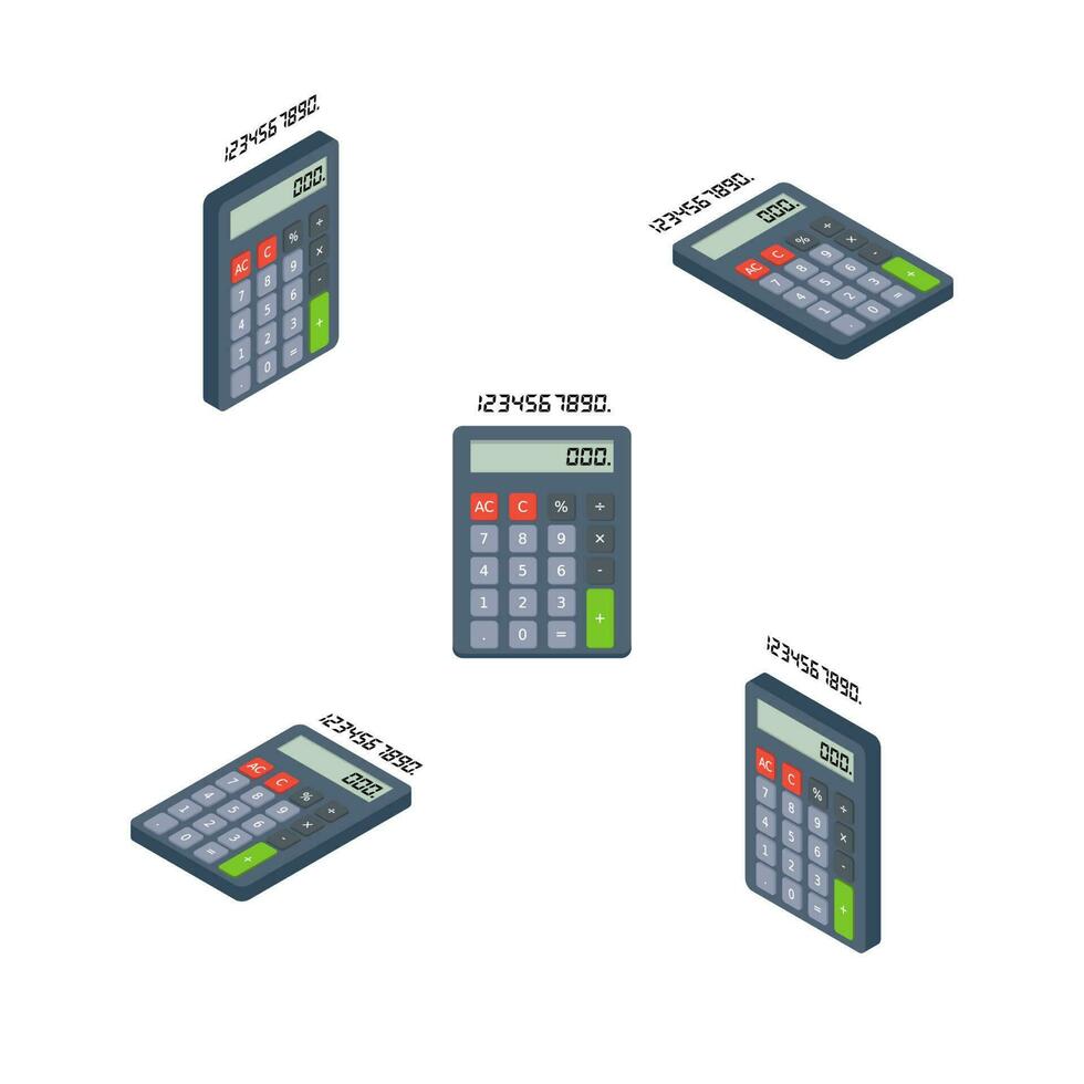 calculatrice et numérique nombre isométrique et plat blanc Contexte icône vecteur. plat style vecteur illustration.