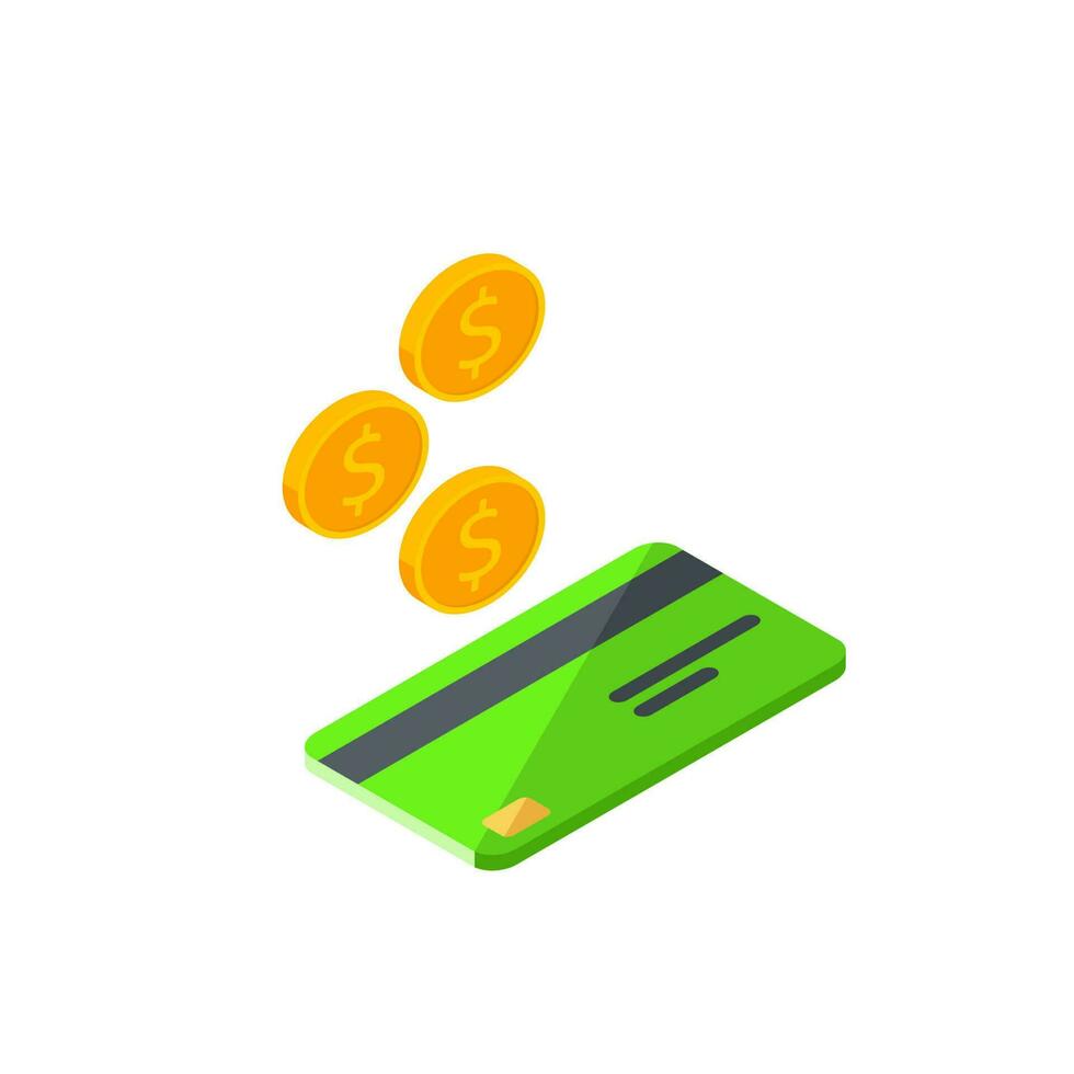 en espèces avoir une banque carte vert droite vue - blanc Contexte icône vecteur isométrique. cashback un service et en ligne argent remboursement. concept de transfert argent, commerce électronique, économie compte.