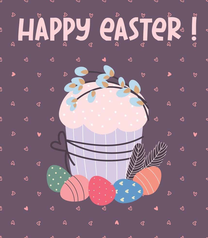carte de voeux joyeuses Pâques. gâteau de Pâques, œufs peints, brindilles de saule. illustration vectorielle plane vecteur