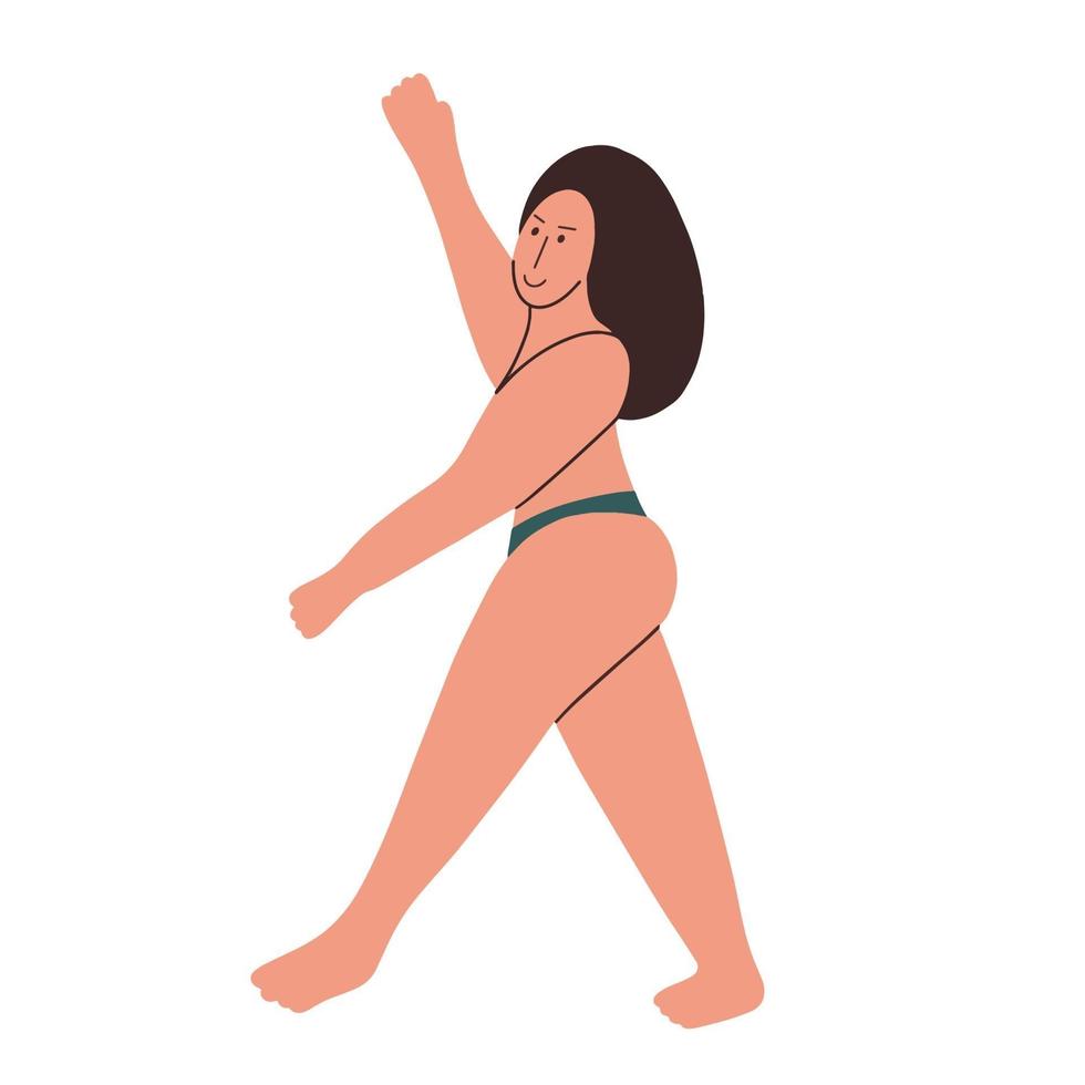 Modèle de taille plus en sous-vêtements. une fille avec une forme sinueuse montre son corps. corps positif. illustration vectorielle plane vecteur