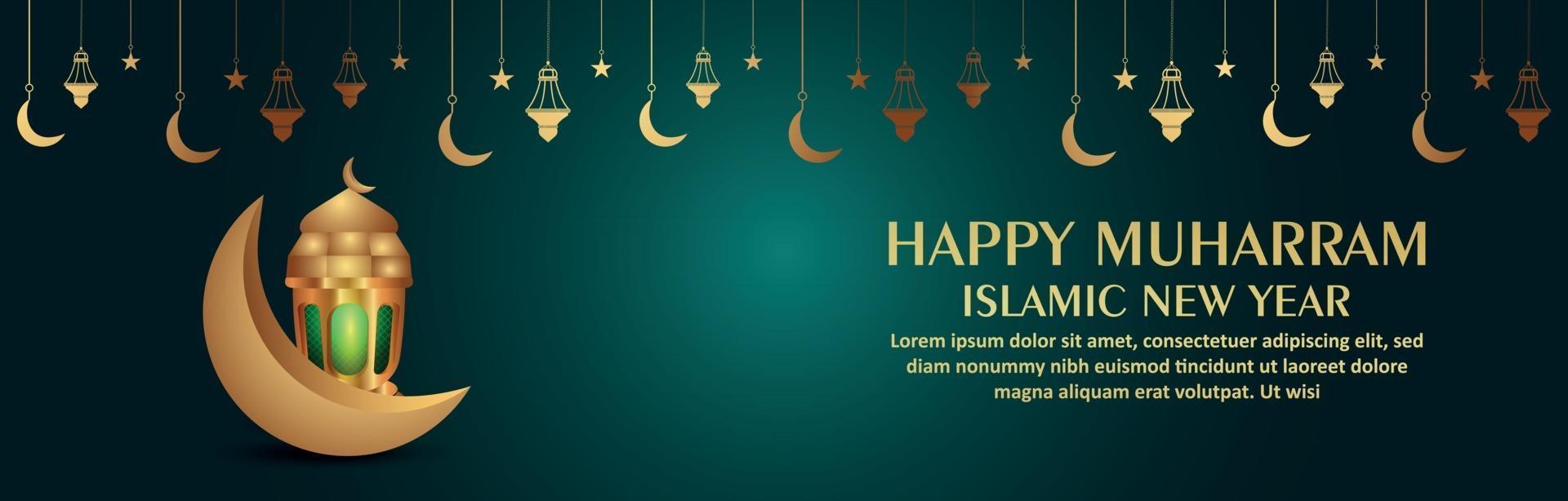 joyeux nouvel an islamique réaliste muharram avec illustration vectorielle lanterne et lune vecteur