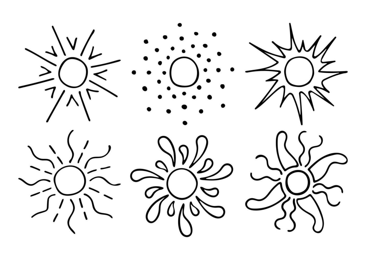 contours de griffonnage du soleil. dessin vectoriel de rayons de soleil. variété de rayons de soleil