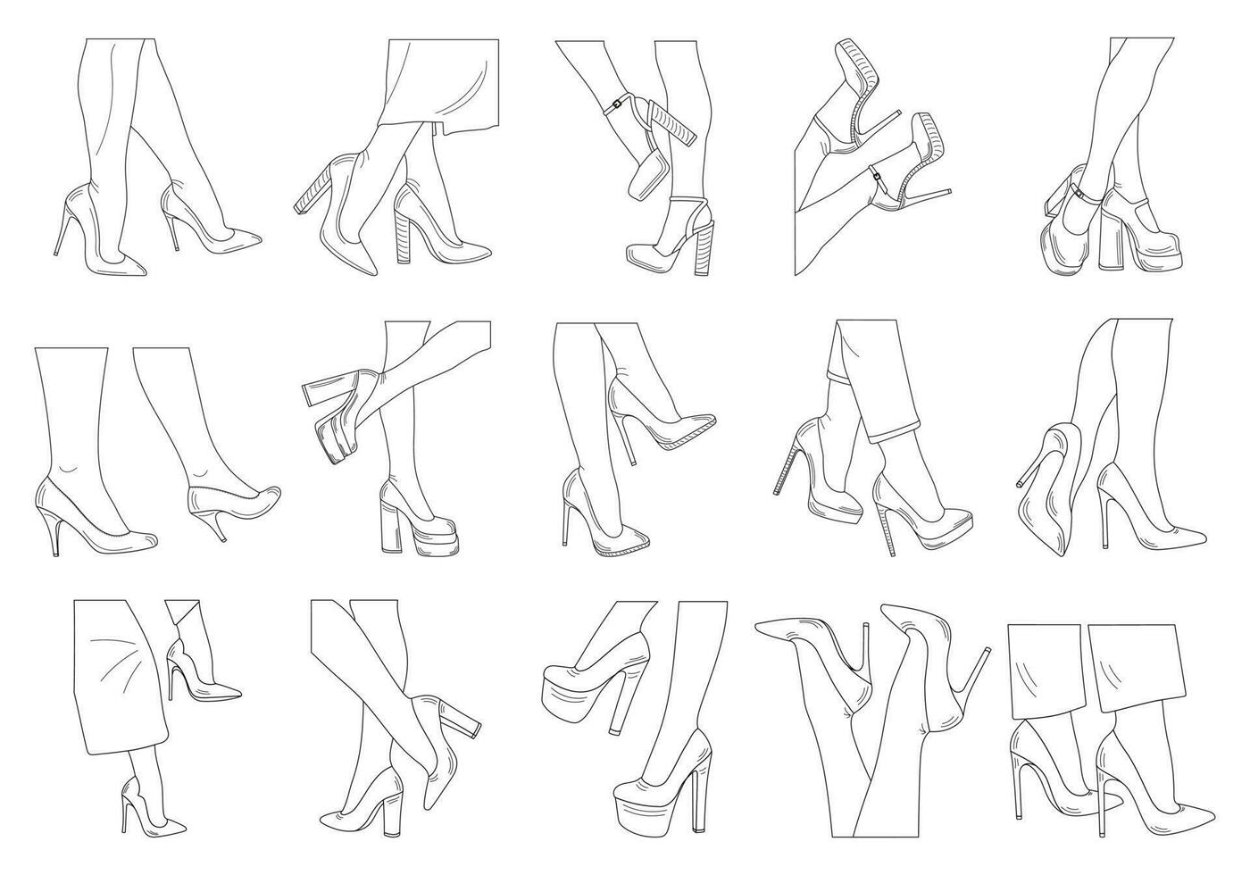 dessin esquisser contour silhouettes de femelle jambes. des chaussures talons aiguilles, haute talons. marche, debout, en cours d'exécution, sauter, Danse vecteur