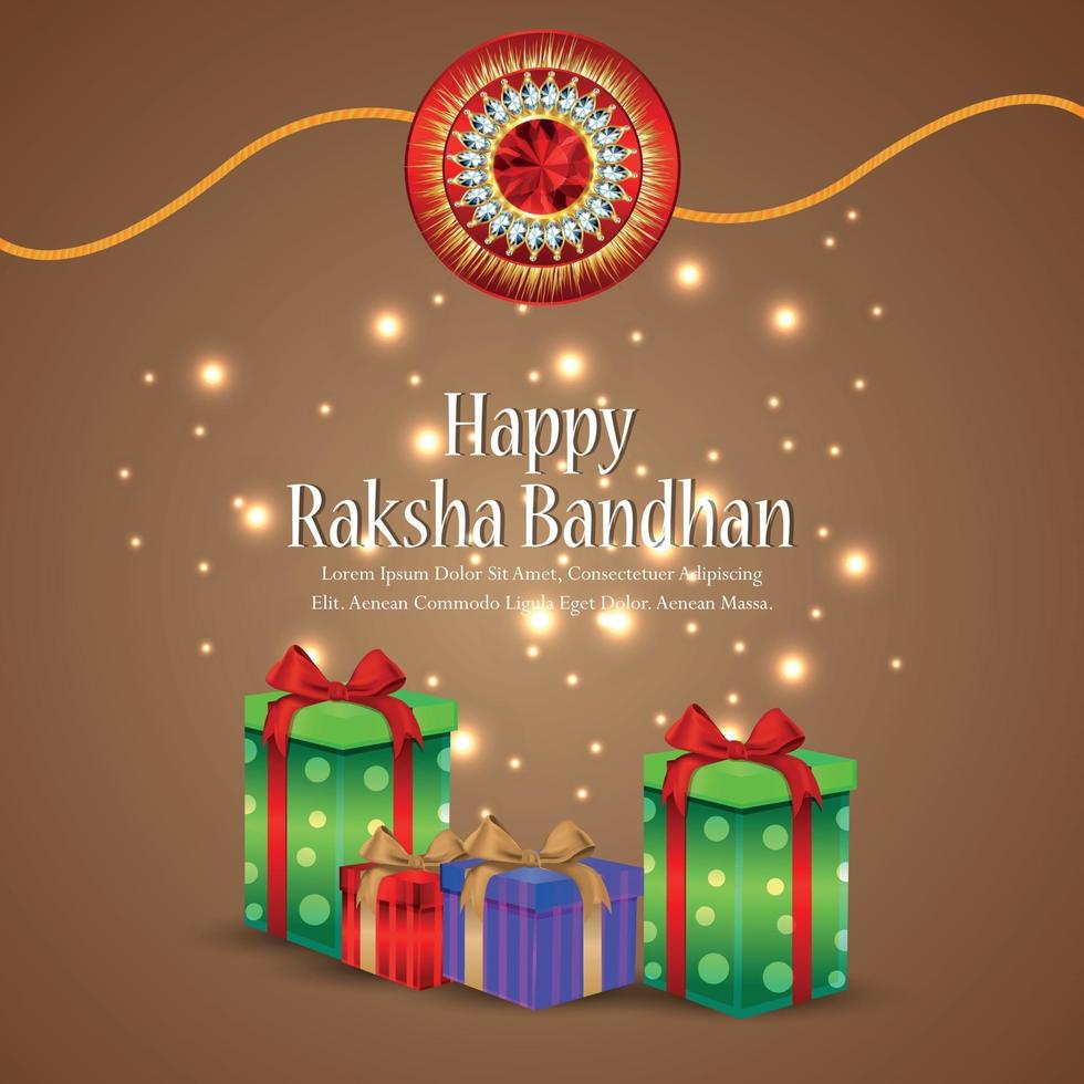 raksha bandhan carte de voeux de célébration du festival indien avec des cadeaux de vecteur et rakhi en cristal