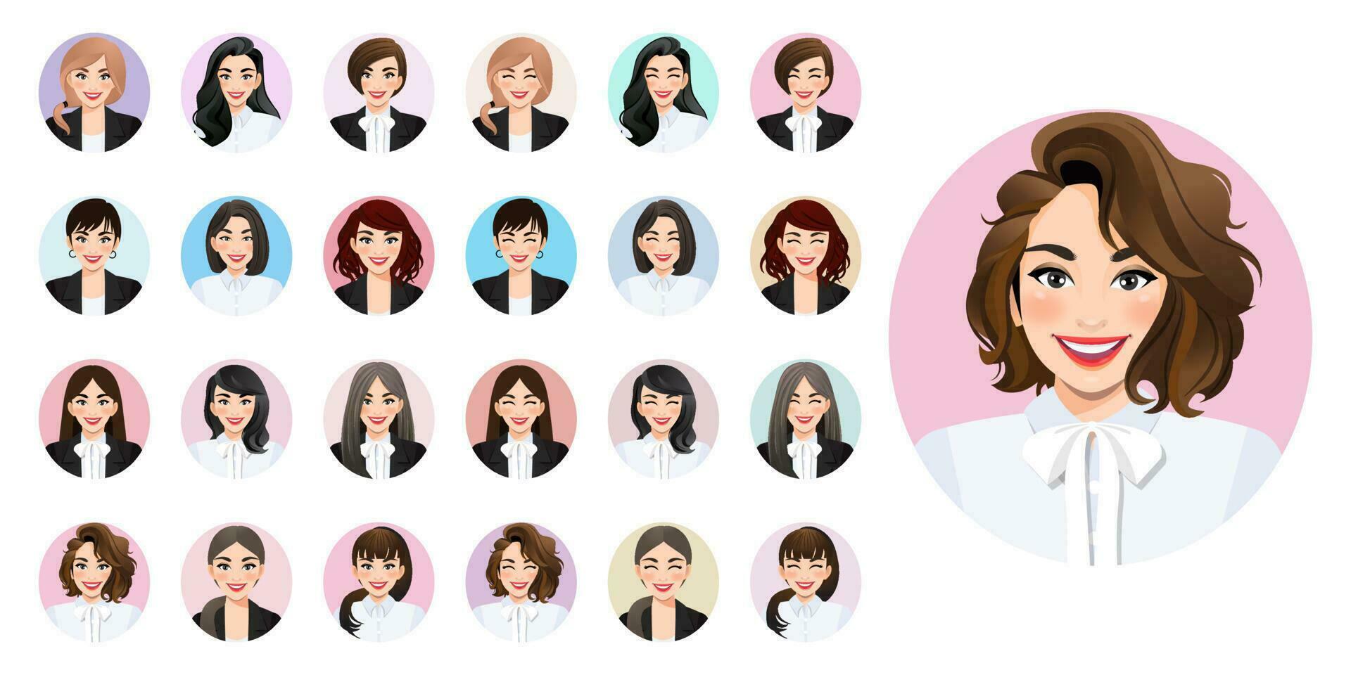 gros paquet de différent femmes avatars. ensemble de femelle portraits. femme d'affaires avatar personnages. utilisateur photo, visage Icônes pour représentant la personne dans une vidéo jeu, l'Internet forum, compte. vecteur