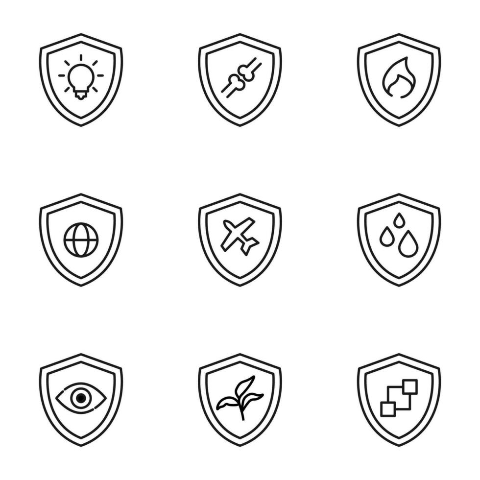 vecteur contour panneaux et symboles tiré dans plat style avec noir mince doubler. modifiable coups. ligne Icônes de lumière ampoule, jointures, flamme, globe et autre articles à l'intérieur de bouclier ou armure