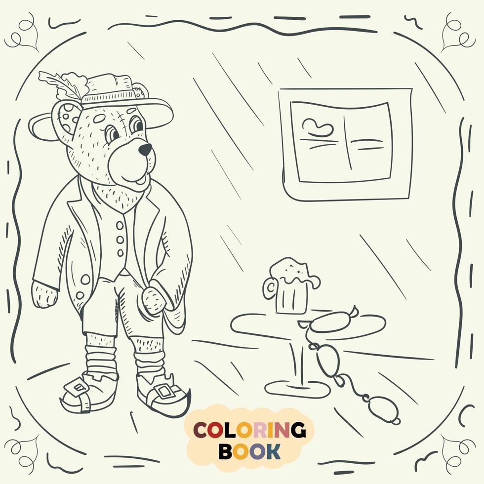 Livre de coloriage pour les jeunes enfants illustration de contour dans le style de doodle ours en peluche dans le costume national de l'allemand vecteur