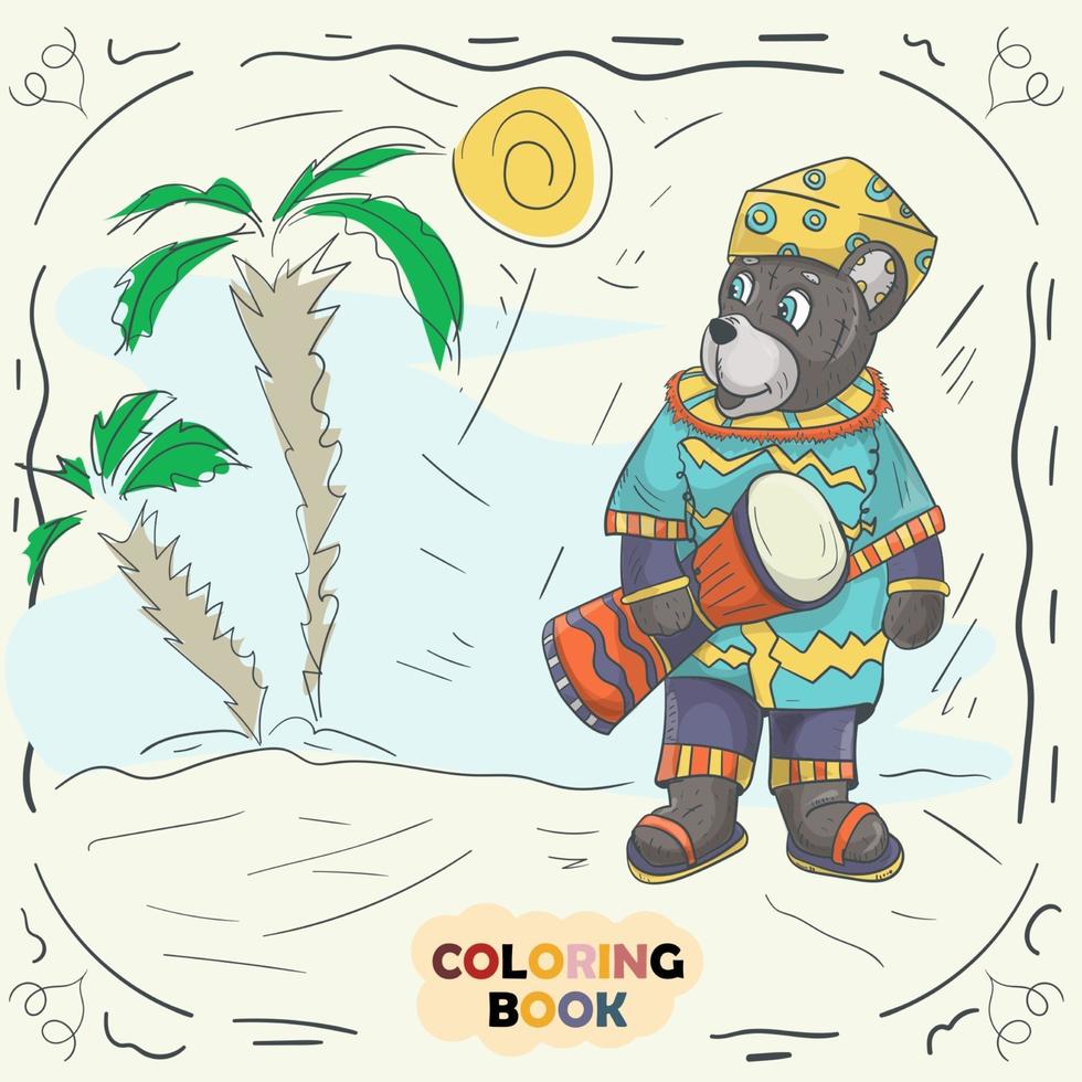 livre illustration de contour de couleur pour les petits enfants dans le style de doodle ours en peluche dans le costume national du nigérian vecteur