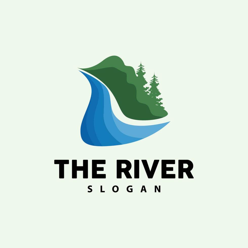 création de logo de rivière, vecteur de ruisseau de rivière, illustration au bord de la rivière avec une combinaison de montagnes et de nature, marque de produit