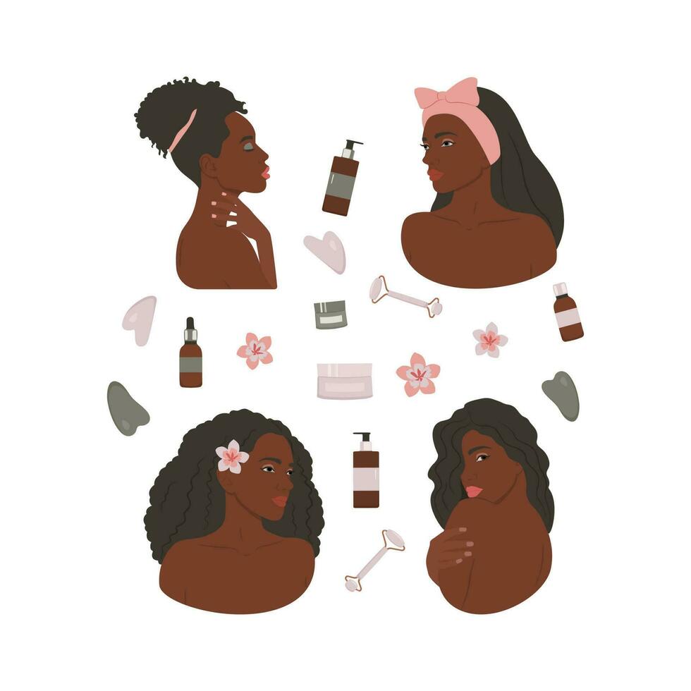 visage se soucier, Jeune magnifique femmes prendre se soucier de leur affronter, cosmétique procédures. vecteur illustration