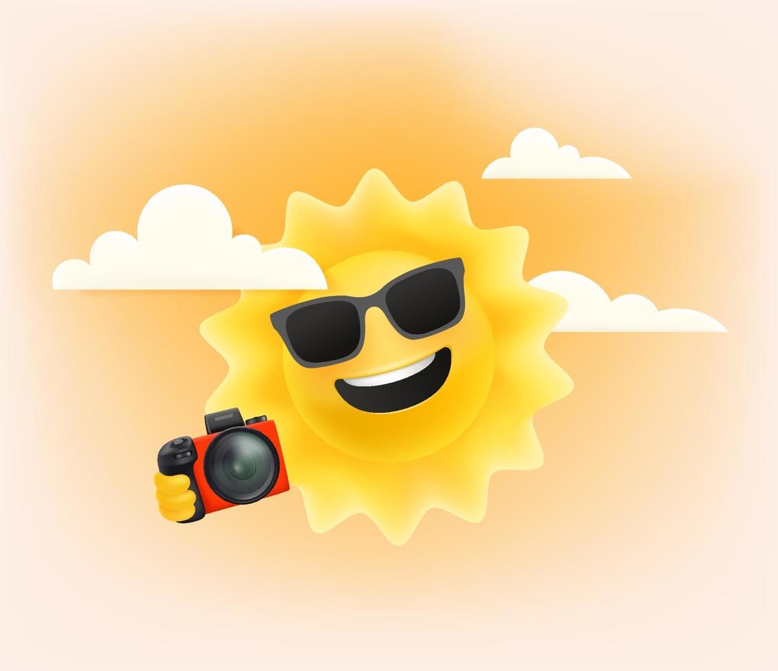 joli personnage de soleil avec appareil photo numérique vecteur