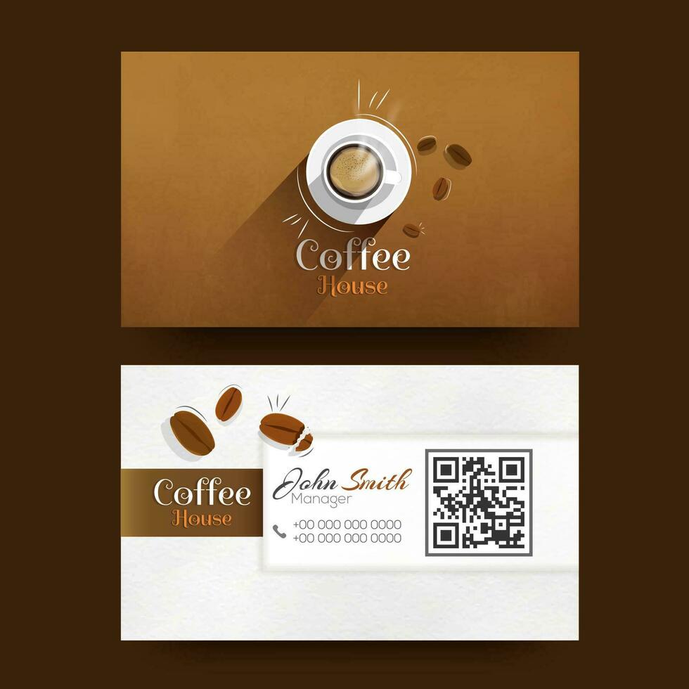 de face et retour vue de affaires carte ou visite carte conception avec café tasse pour café maison. vecteur