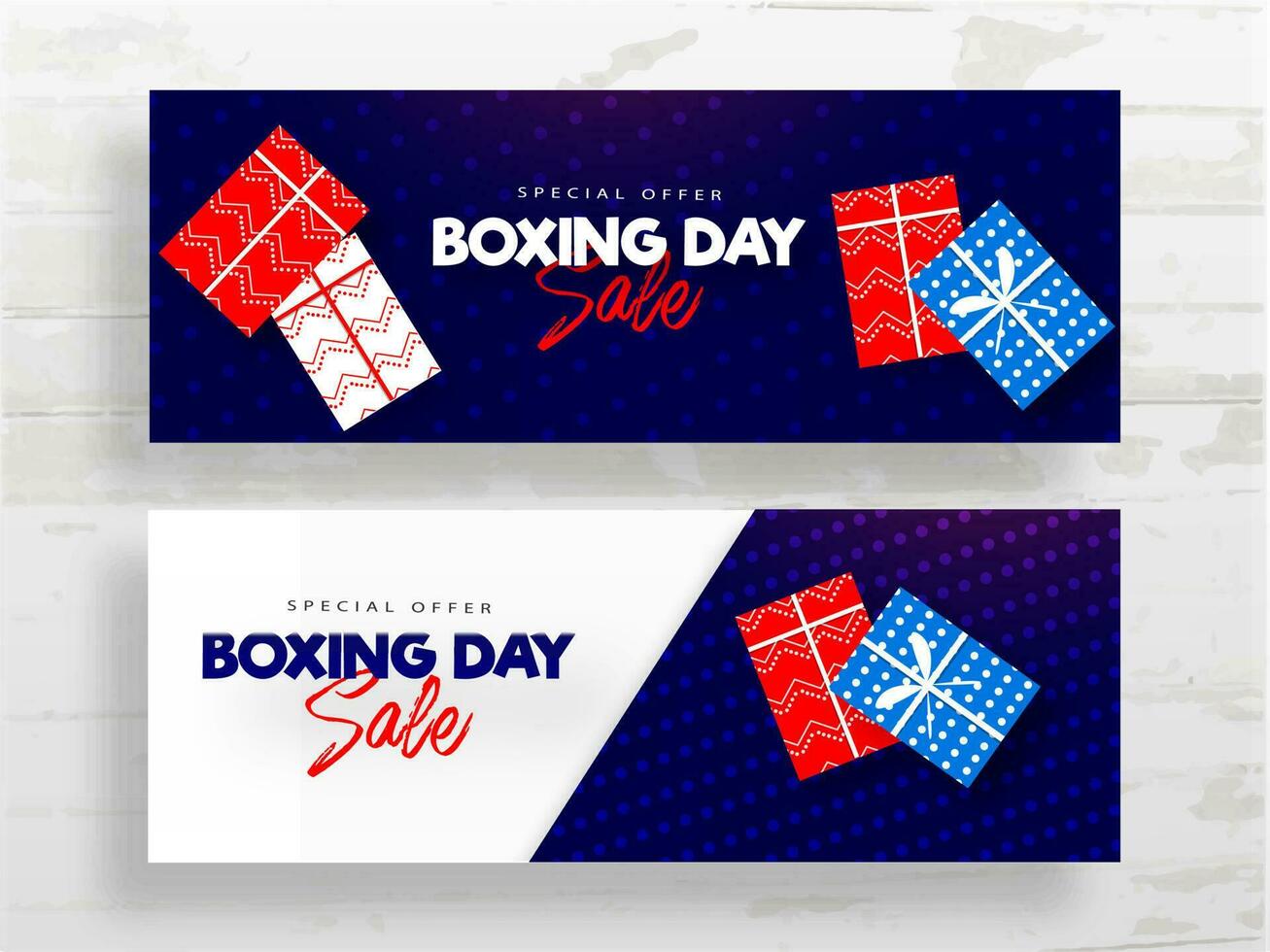 boxe journée vente entête ou bannière conception ensemble avec Haut vue de cadeau des boites sur blanc et bleu points Contexte. vecteur